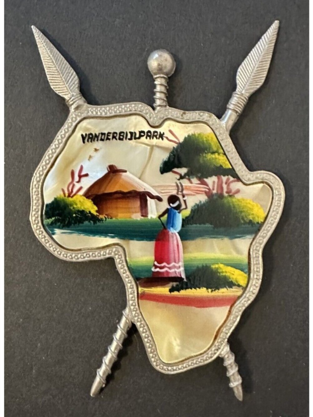 South Africa Vanderbijlpark hand painted shell silver tone spears souvenir VTG